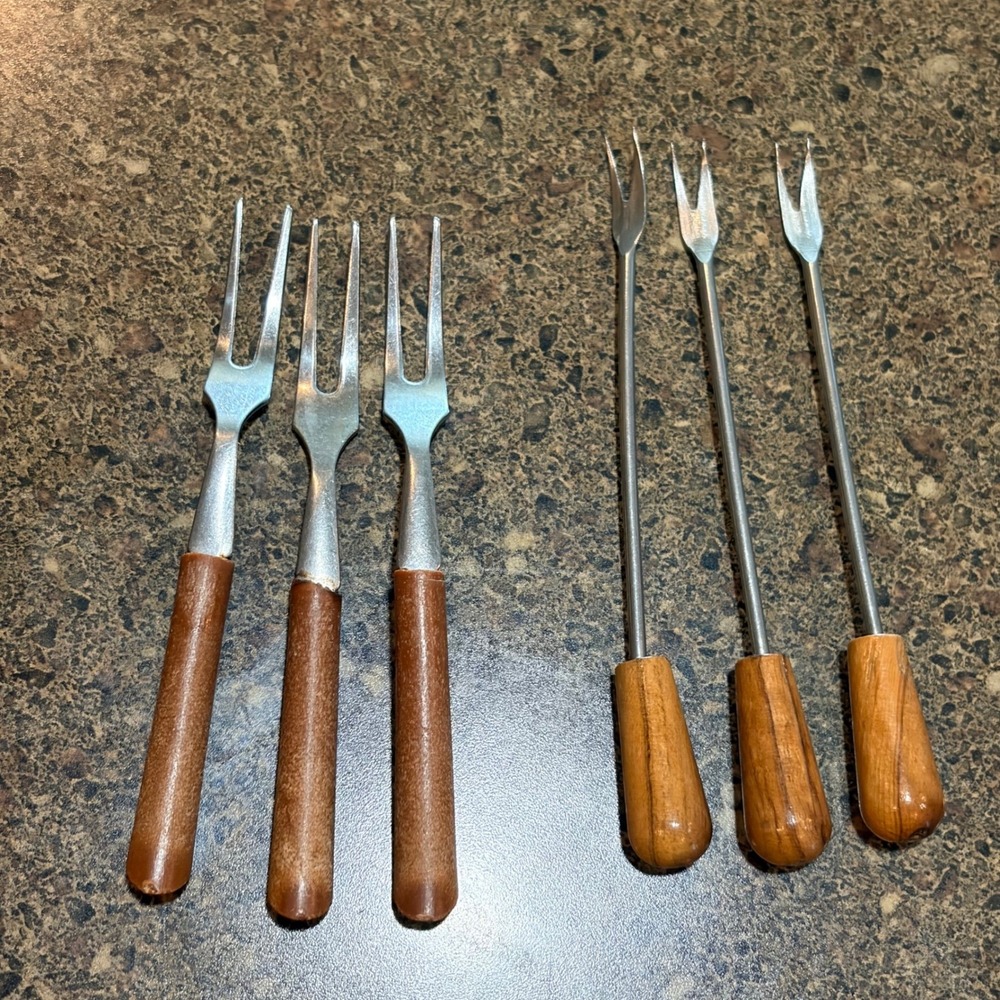Vintage Mid Century Wood Handle Stainless Steel Appetizer Fondue Forks Set of 6